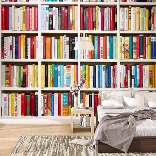 Papier Peint Panoramique Bibliothèque Colorée 300x210 cm 3D Papier Peint Intissé Bibliothèque Photo Trompe l'oeil Poster Geant Mural Salon Chambre Enfant Chambre...