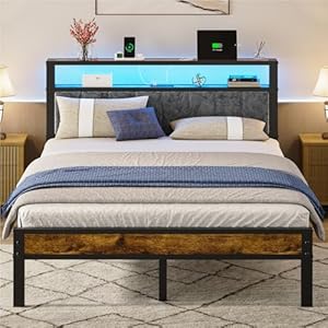 Queen Size Bed Frame with 2-Tier Storage Shelves Headboard, Platform Bed with Charging Station, LED Lights No Box Spring Needed Noise Free