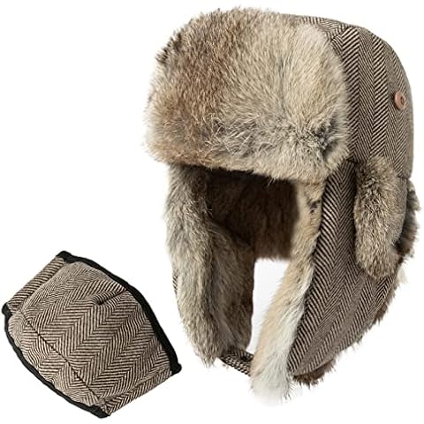 Comhats Winter Men's Trooper Trapper Hats Warm 100% Rabbit Fur Earflap Waterproof Hat Lined Ushanka Russian Hunting Skiing Hat Coffee L Cover