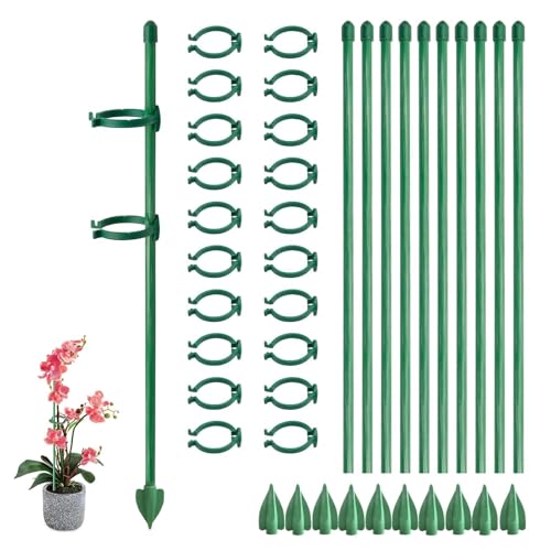 SHENGYIG 10 Piezas Tutor Tomate, 30 cm Varillas para Tomatera, Ajustable Tutores para Tomateras, Verde Palos para Tomateras en Huerto, con 20 Clips y 10 Tacos Tierra, para Tomates, Orquídeas y Lirios