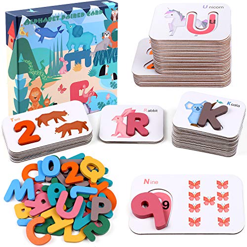 Lewo Alphabet and Numbers Flash Cards ABC Wooden Letters Numbers Jigsaw Puzzles Matching Game Preschool Educational Learning Toys Gifts for 3 4 5 6 Years Old Toddlers Baby Kids Boys Girls