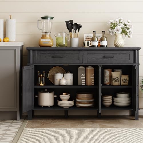 Image of ONBRILL 55 Inch Buffet Cabinet with Storage, Farmhouse Sideboard Buffet w /2 Drawers and 3 Doors, Wood Coffee Bar Cabinet with Adjustable Shelves, Sideboard Storage for Kitchen, Living Room, Black