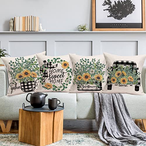 Easternproject Green Leaves Yellow Sunflower Pillow Covers 24X24 Inch Black White Buffalo Plaids Truck Home Sweet Home Decor Throw Pillow Cases Set Of 4 Summer Plants Gather Together Pillows #TOP1