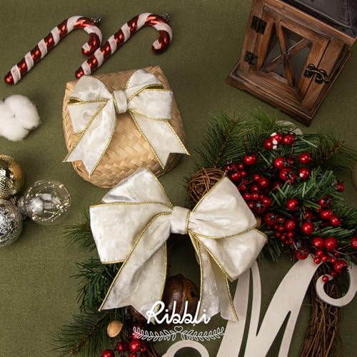 Image of Ribbli Ivory Velvet Wired Ribbon 1.5 Inch Metallic Ivory Crushed Velvet Christmas Ribbon for Gift Wrapping Christmas Tree Decoration Crafts Wreaths Supplies-Continuous 10 Yards