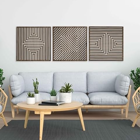 Large Geometric Wood Wall Art Set, 3 Piece Modern Wood Wall Decor Over the Bed, Abstract 3D Wooden Wall Art, Set of 3 Wood Wall Panels Cover