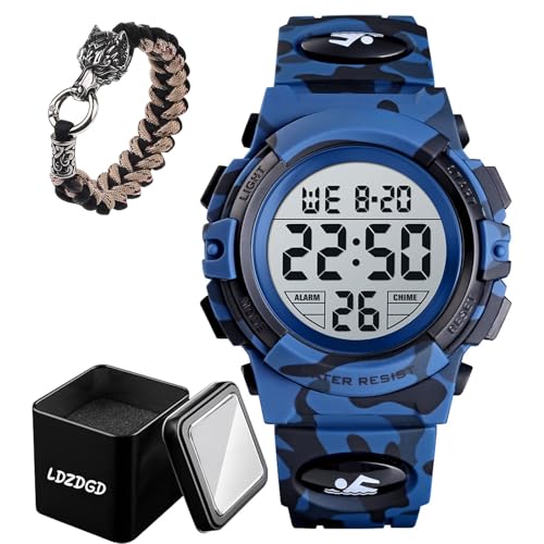 LDZDGD Tactical Digital Watch Waterproof 50M with LED Backlight, Stopwatch, Alarm, Shock Resistant Design for Outdoor Sports, Hiking, Running, and Everyday Wear(Dark Blue camo)