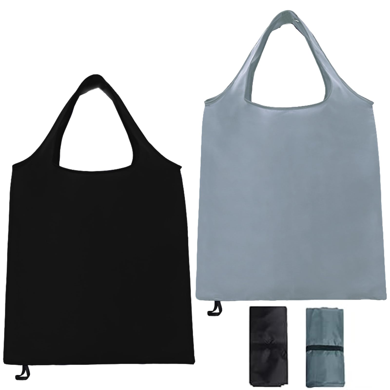 TRACOMPAN 2 Packs Foldable Reusable Shopping Bags, Waterproof Nylon Tote Folding in a Pouch, Washable Lightweight Grocery Bags for Fruit Vegetable Storage Daily Outdoor Use (Black & Grey)