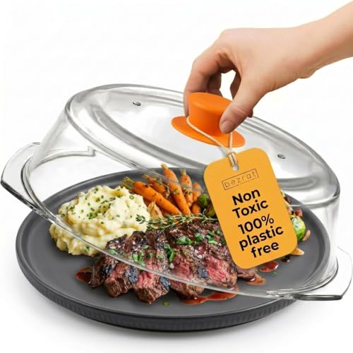 Bezrat Grand couvercle en verre pour micro-ondes | Couvercle anti-éclaboussures avec poignée en silicone facile à prendre en main et aérations pour vapeur | 100% qualité alimentaire | Sans BPA et