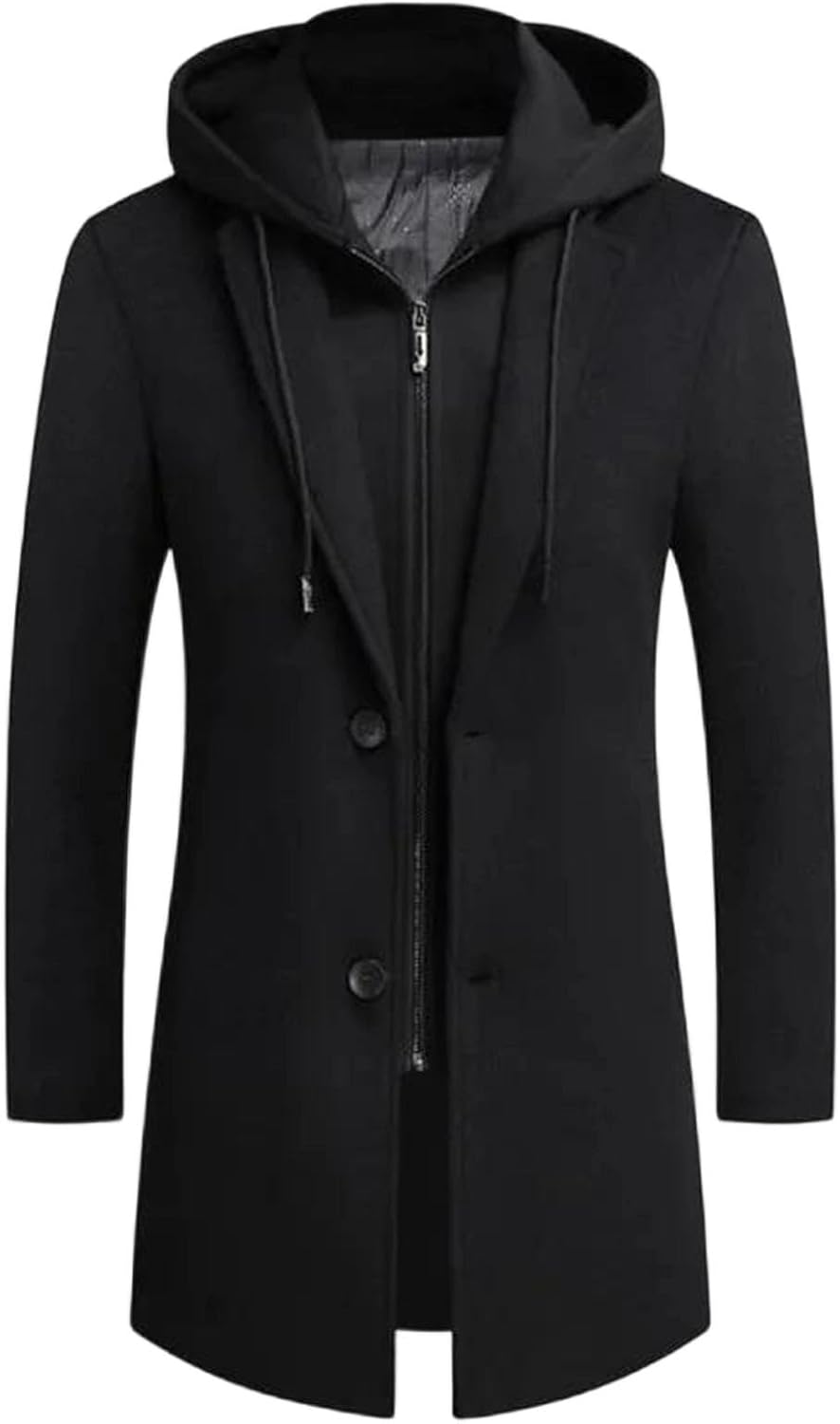 Men's Hooded Single Breasted Winter Jacket Long Wind-Proof Wool Blend Slim Fit Casual Coat