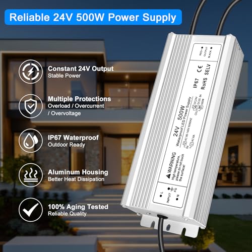 Image of 24V 500W LED Power Supply, IP67 Waterproof LED Driver, AC 110V to DC 24 Volt 20.83A Low Voltage Transformer Converter for Outdoor LED Lights, Lighting Projects & Industrial, 3-Prong Plug & 3.3FT Cable