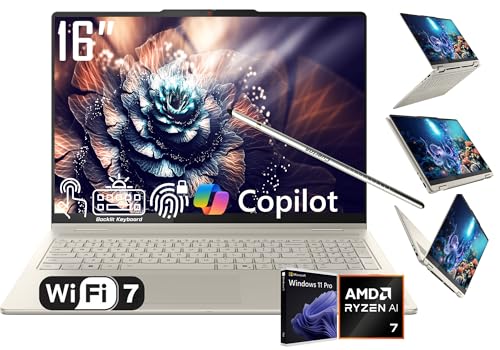 Lenovo Yoga 7 2-in-1 Laptop, 16' 2K LCD Touchscreen, AMD 8-Core Ryzen AI 7 350(Intel i7-1355U), AI Copilot, 16GB LPDDR5X, 1TB SSD, WiFi 7, Backlit KB, Fingerprint, FHD Webcam, W/Stylus, Win 11 PRO