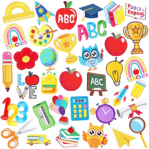 AUGSUN 36pcs Back to School Iron on Patches Pencil School Bus Embroidered Sew Applique Repair Patch Teacher Students DIY Crafts for Clothing Jacket Jeans Pants Dress Backpack Hat Decorations