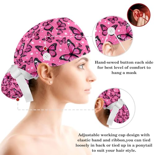 Image of Butterfly Scrub Cap Women with Ponytail & Buttons Adjustable Surgical Nurse Hat with Cotton Sweatband for Long Hair