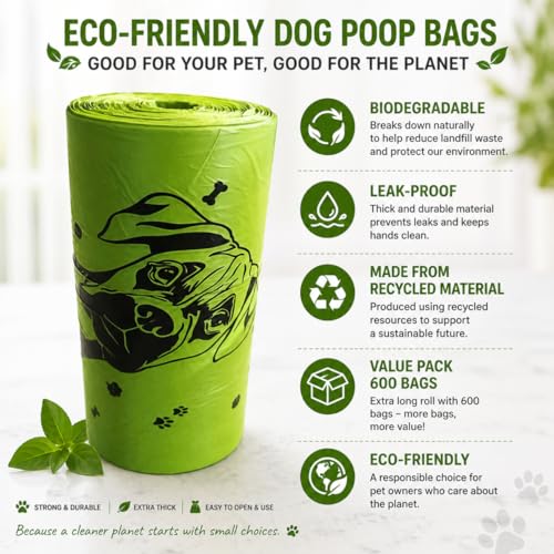 Image of Dog Poop Biodegradable Bags One Biig Roll (600 ct.) Eco-friendly Doggy Poop Bags Pet Waste Pickup Bag Degradable Cat Waste Disposal Bags (1 Roll, 600 Bags)