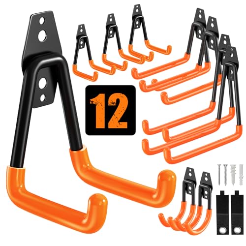 QcoQce 12 Pack Garage Hooks Heavy Duty, Utility Wall Mount Hooks for Hanging Bike, Ladder, Hose, with Extension Cord Straps and Anti-Slip Coating, Garage Organization, Includes Screws (Orange) by QcoQce - Used condition - US$10.03