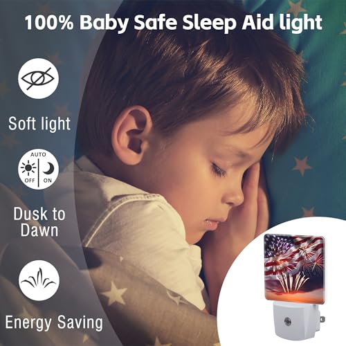 Image of America Flag with Fireworks Night Light Plug into Wall,Retro The USA Flag Patriotic Dusk to Dawn Night Light,0.5w Energy Saving Sleep Friendly Nightlights for Kids Boys Girls Home