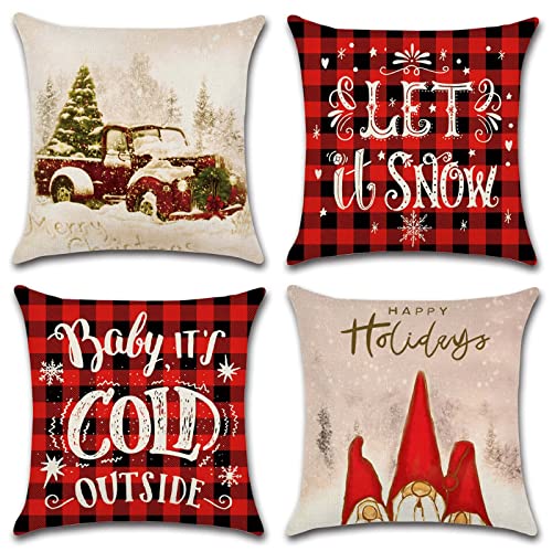 Tohobk Christmas Pillow Covers 18x18 Set of 4, Red Red Buffalo Plaid Farmhouse Gnome Christmas Decorations Holiday Decor- Outdoor Throw Cushion Case for Home Couch Bedding Living Room