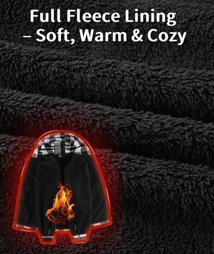Image of V VALANCH Men's Sherpa Lined Flannel Jacket with Hood - Zip Up Plaid Shirt Jacket Winter Outdoor Warm Outerwear Fleece Coat