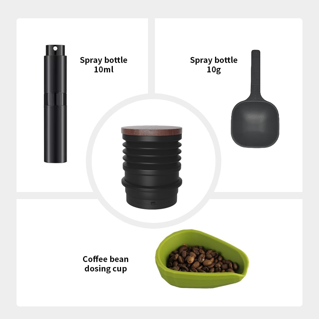Silicone Coffee Grinder Hopper Bellow with Spray Bottle and Dosing Cup and spoon, Compatible with Baratza Encore, Virtuoso+, Forte Models (Wooden)