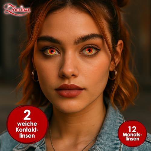 Zoelibat farbige Kontaktlinsen rot ohne Stärke, Monster, 1 Paar Linsen für 12 Monate, weiche Monatslinsen für Halloween, Karneval und Fasching
