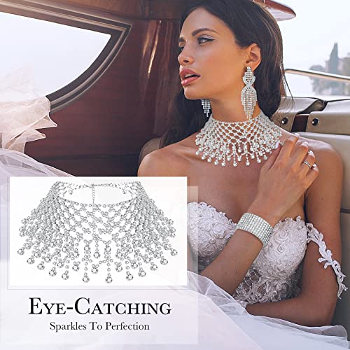 3 Pcs Women Crystal Jewelry Set Includes Bridal Wedding Rhinestone Choker Necklace Crystal Bracelets and Dangle Earrings2