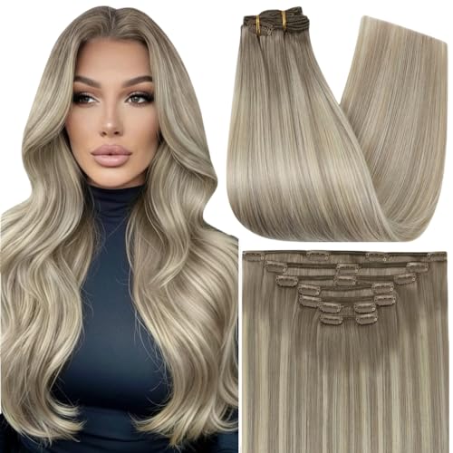 Image of Full Shine Clip in Hair Extensions Real Human Hair | Light Brown to Ash Brown Mix Platinum Blonde, Balayage Clip in Real Hair Extensions, for Cheer, 18 Inch 7 Pcs 120g