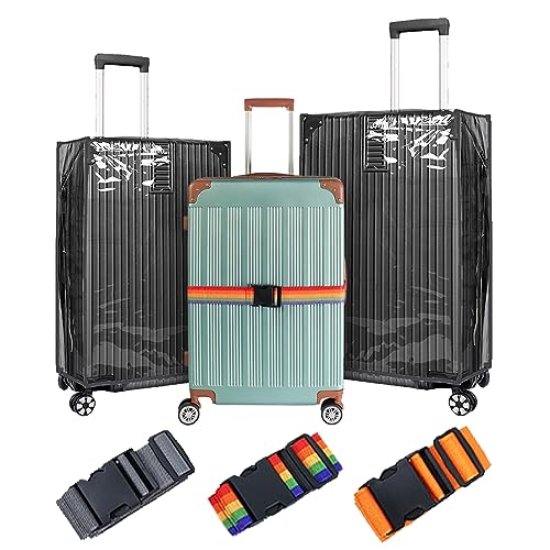 Troyesko 3pcs Luggage Sets Covers+3pcs Adjustable Luggage Straps,Wide Travel Secure Belt PVC Suitcase Covers Luggage Protector Suitcase Cover,Waterproof Luggage Protector,Suitable for 20"/24"/28" Case