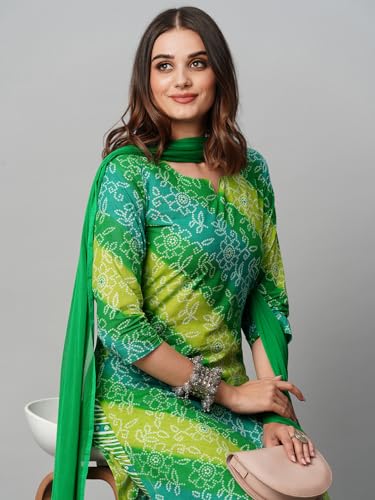 Image of GoSriKi Women's Cotton Blend Printed Straight Kurta with Pant & Dupatta
