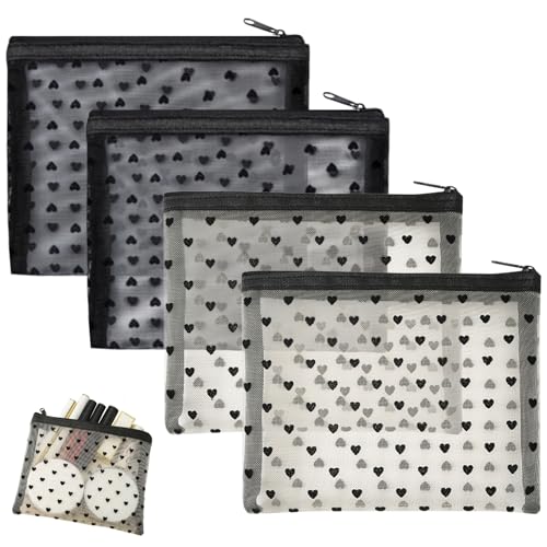 LUFFLOK 4 Piezas Estuche Maquillaje, Amor Transparente Neceser Maquillaje, Multifunctional Organizador para Viaje, Neceser Viaje para Viajes, Baño, Negro & Blanco (2 Colores)