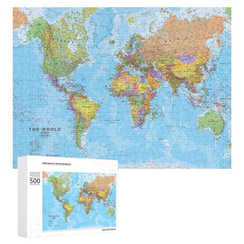CGQKUNI 世界地図 木製ジグソーパズル 子供 大人 男の子 女の子 初心者向け 知育玩具 娯楽 ストレス解消 室内装飾 壁画 壁飾り インテリア飾り プレゼント 誕生日 記念日 贈り物 300-1000ピース (500 PCS)