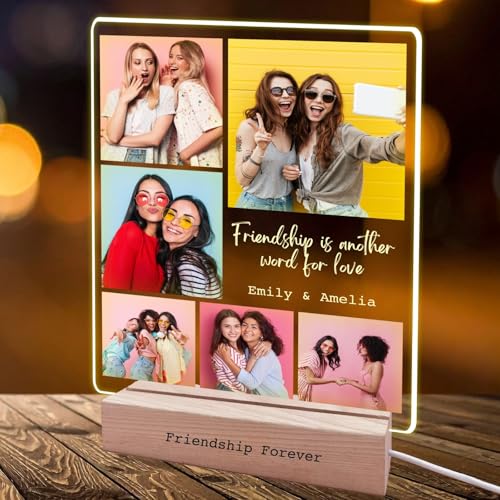 Friendship Gifts for Women Best Friend Birthday Gifts Personalised Multiple Photo Frame Collage LED Light Bestie Gift for Her Custom Picture Plaque Female Friends Photo Frames Multiple Pictures