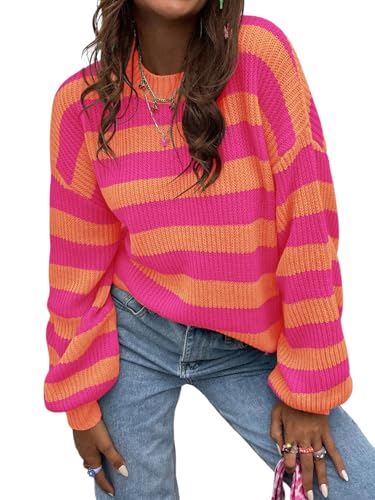 Image of SOLY HUX Women's Color Block Striped Knit Tops Casual Long Sleeve Drop Shoulder Sweater Pullovers