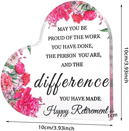 Grevosea Happy Retirement Gifts Heart-Shaped Acrylic Plaque, 4 x 4 inch Acrylic Heart Gift Happy Retirement Keepsake Retired Table Decoration for Colleagues Employees Teachers Friends Women