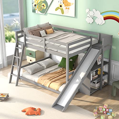 Image of Bellemave Bunk beds Full Over Full Size Slide and Stair, Low bunk Bed for Kids,Grey