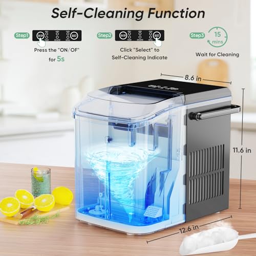 Image of DUMOS Countertop Ice Maker with Handle, 26lbs /24H Portable Ice Machine | 9 Bullet Cubes Ready in 6 Mins, Self-Cleaning, Quiet Compact for Home, Kitchen, RV, Camping, Bright Black