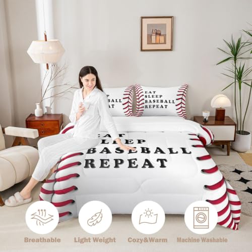Image of Feelyou Baseball Comforter Set Queen Size Ball Pattern Bedding Set for Kids Boys Girls Eat Sleep Sports Theme Duvet Quilt Bedroom Decor Microfiber 3 Pcs with 2 Pillow Cases