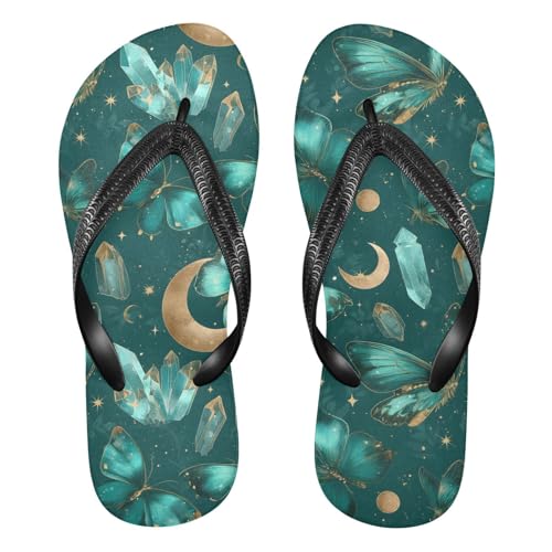 ALAZA Green Butterflies Full Moon Flip Flops for Women Fashion Beach Slippers Comfort Mens Flip Flops Non-Slip Rubber Shower Slippers Sandal for Hotel Travel Sport,XS