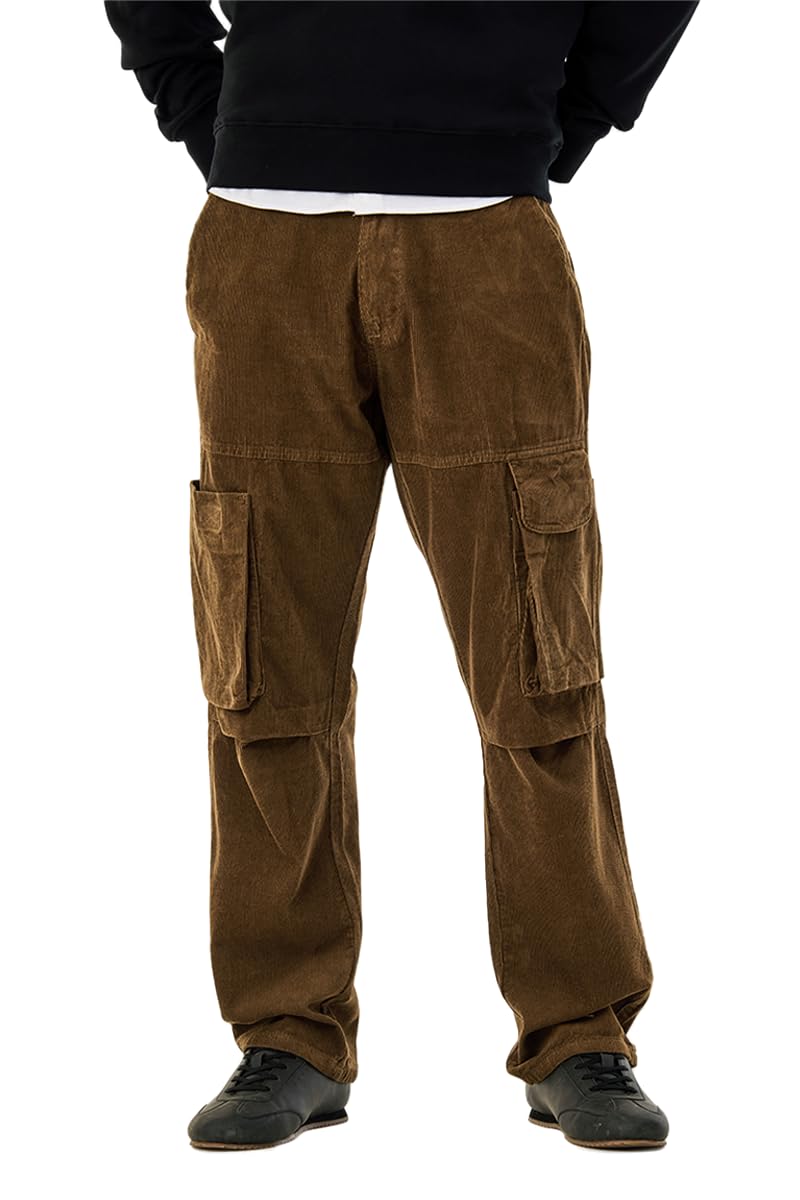 snitch Men's Cargo Pants for Street Wear | Baggy Fit Straight Leg Solid Corduroy Design with 6 Utility Pockets | 100% Cotton Fabric for Casual Outings-picture-38