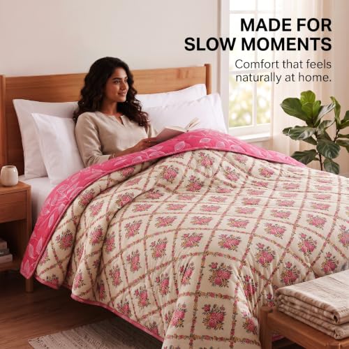 Image of BSB HOME Premium 280 GSM Quilted Comforter, Soft Plush Floral Printed Bedspread, Cozy Warm Reversible Blanket for Bedroom, Elegant Winter Bedding Comforter, 80 x 85 Inches (203 x 215 cm) - Rose Pink