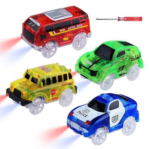 Lot de 4 mini Voitures Jouet magiques phosphorescentes dans le noir - Mini voiture police, bus, bus scolaire, voiture de sport avec 5 lumières LED clignotantes pour...