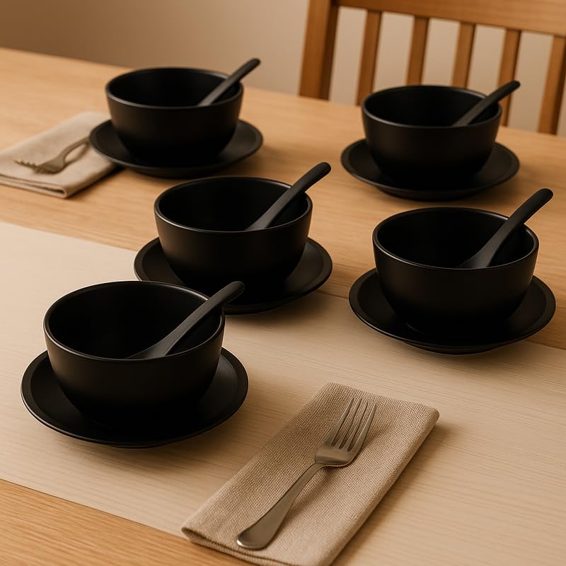 Image of Ariya Melamine Soup Bowl Set of 6 (Black /Plain, 350 ml) with Spoon & Saucer|Microwave & Dishwasher Safe|Premium Serving Bowls for Soup, Noodles, Cereal, Pasta & Oatmeal|Durable,Serving Bowls Sets