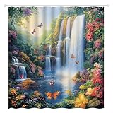 ZQANZQ Waterfall Shower Curtain Rustic Floral Butterfly Fantasy Forest Tropical Green Plant Lake Fairytale Spring Garden Nature Landscape Bathroom Decor Set with Hooks