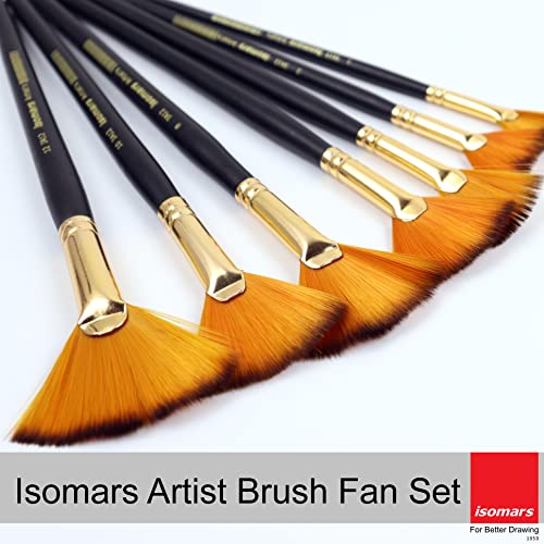 Image of Isomars Fan Paint Brush Set - Set of 7 Artist Brushes with Wooden Handles for Acrylic, Watercolor, Oil & Blending - Ideal for Textures, Shading & Special Effects