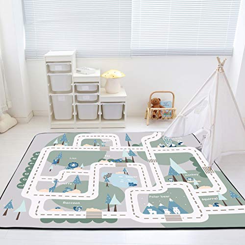 Loartee Kids Carpet Playmat Rug - 59"X79"X0.7" Forest Animal Road Rug, Play Mat For Toddlers, Game Area Rug, Baby Crawling Mats, Soft & Thick Flannel Carpet, Non-Toxic & Anti-Skid, Green Gray #TOP2