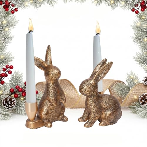 Gold Animal Candle Holders - Rabbit Set of 2 Vintage Rustic Pedestal Candlesticks, Holiday & Themed Decor, Easter Decorations, Centerpieces for Fireplace Mantle & Dining Table