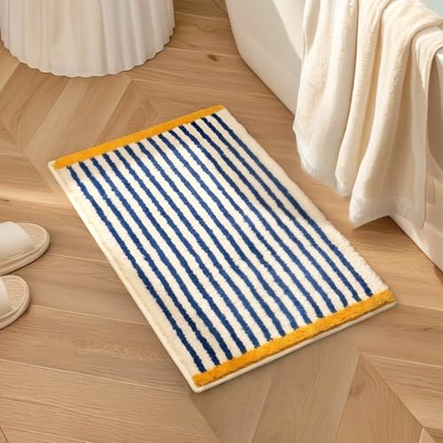 GIB Bathroom Rugs Mat 24 x 16 Extra Soft Absorbent Plush Fluffy Bath Rugs Non-Slip Washable Bath Mats for Bathroom Floor Shower Home Decor Accessories Blue & White Striped with Yellow Accents