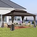 SHPAI Hardtop Gazebo 10x14FT, Aluminum Outdoor Gazebo with Galvanized Steel Double Roof Canopy, Curtains and Nettings, Metal Gazebo Permanent Pavilion for Patio Wedding, Party, Outdoor Dining, Brown