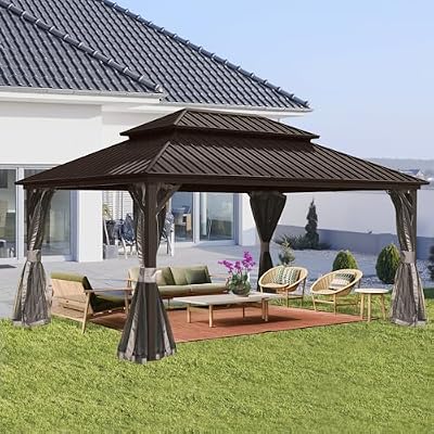 SHPAI Hardtop Gazebo 10x14FT, Aluminum Outdoor Gazebo with Galvanized Steel Double Roof Canopy, Curtains and Nettings, Metal Gazebo Permanent Pavilion for Patio Wedding, Party, Outdoor Dining, Brown