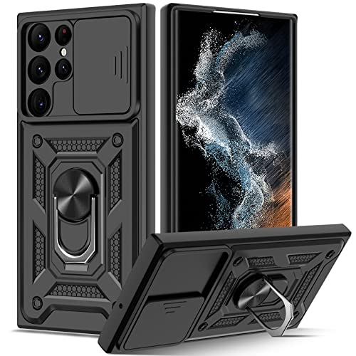 Guisessy Funda para Samsung Galaxy S22 Ultra 5G Armor Carcasa Cubierta de cámara Deslizante Proteger, con 360 Anillo Soporte PC y Silicona TPU Case,Reforzada Antigolpes Protección Militar, Negro Cover