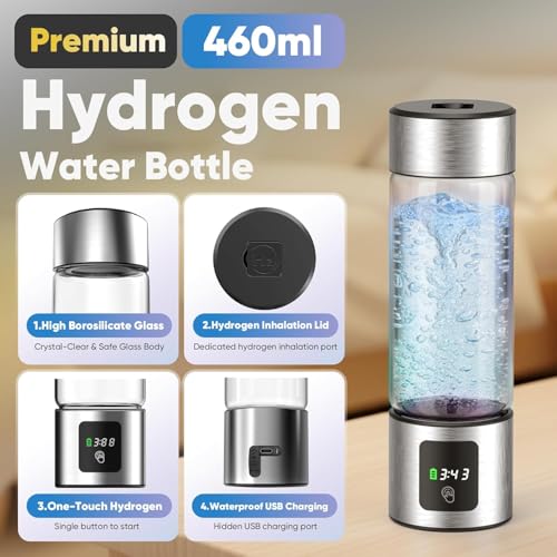 Hydrogen Water Bottle Generator, Up to 6000 PPB SPE-PEM – 460ml Borosilicate Glass, Leak-Proof, LED Display, USB Rechargeable, with Inhalation Tube – Portable Hydro Water Maker for Home, Gym & Travel - Image 4